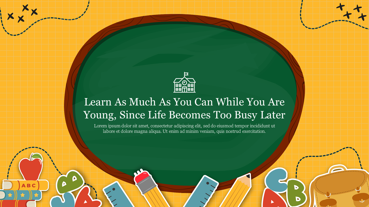 A green oval chalkboard on a yellow background with colorful school supplies, representing an educational theme.