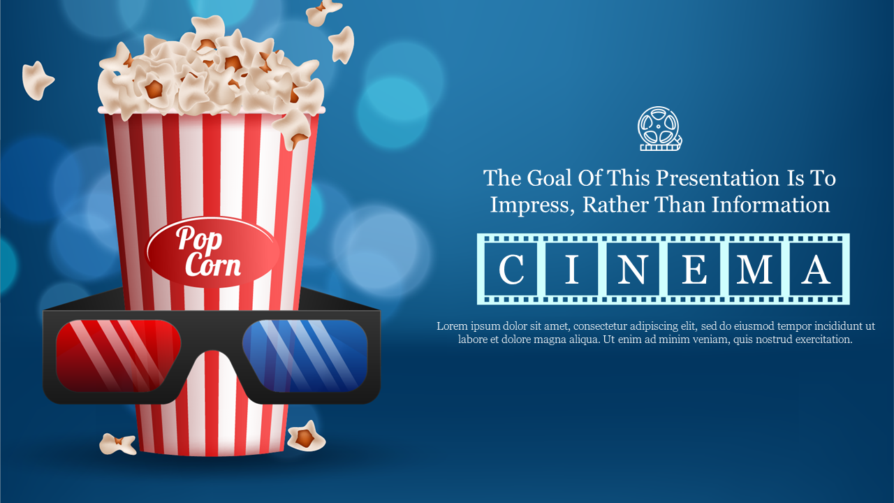 Movie slide showing popcorn and 3D glasses on the left, with cinema text, on a blue gradient background.