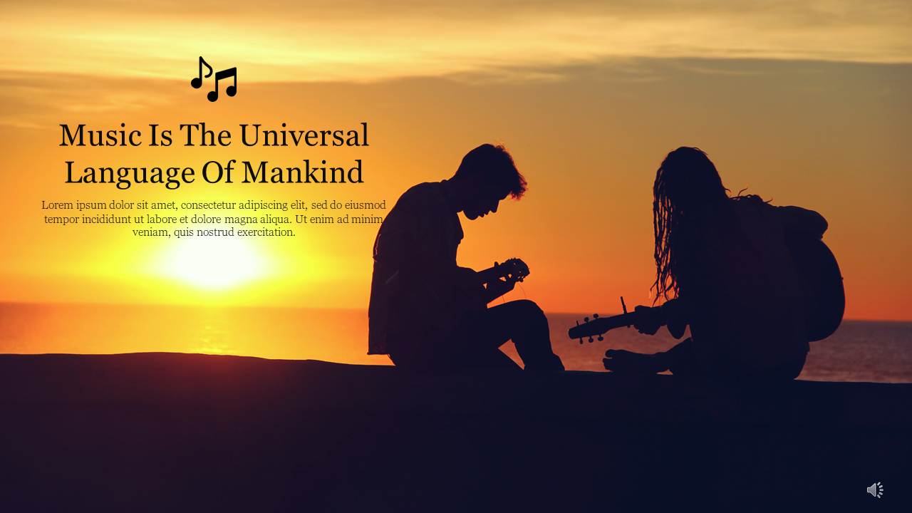 Sunset background featuring two guitarists in silhouette and a quote about music as a universal language.