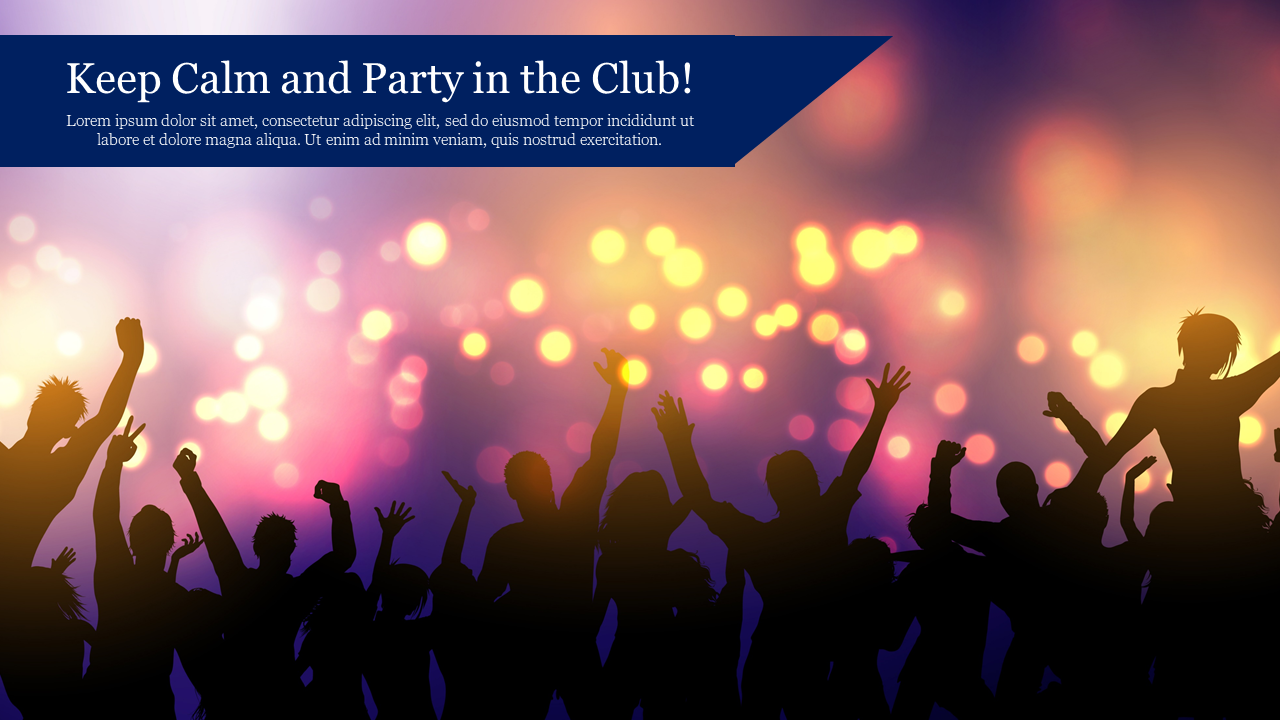 Silhouettes of people dancing in a club with colorful bokeh lights in the background and a blue banner with text on top.