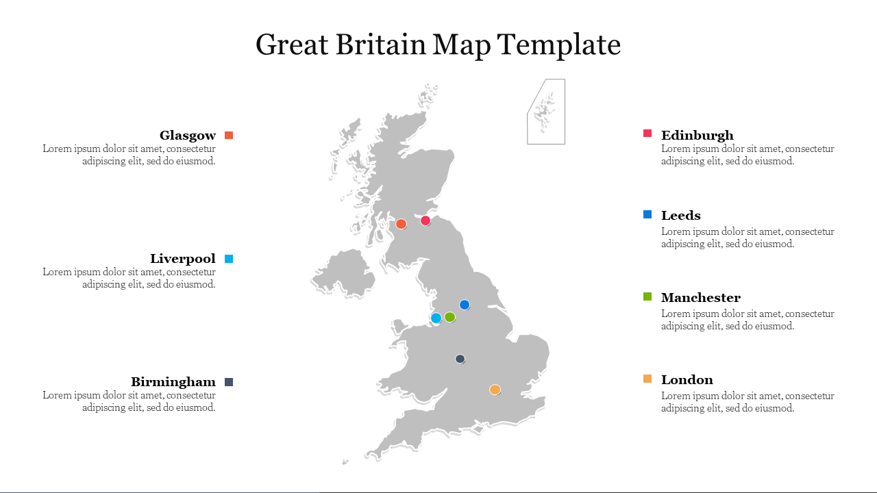 Great Britain map with colored markers for cities from Glasgow to London alongside labeled descriptions.