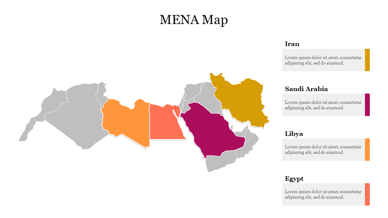 MENA region map with highlighted contries in yellow, purple, red, and orange, against a grey backdrop.