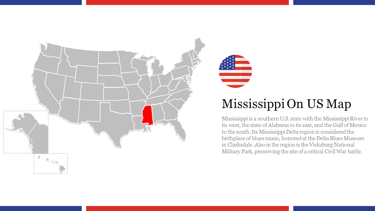 A map of the united states highlighting mississippi in red, with surrounding states and a brief description of the state.