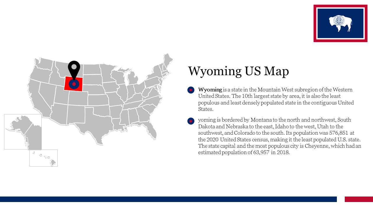 Gray US map with Wyoming highlighted in red and black location pin, alongside information text and flag.