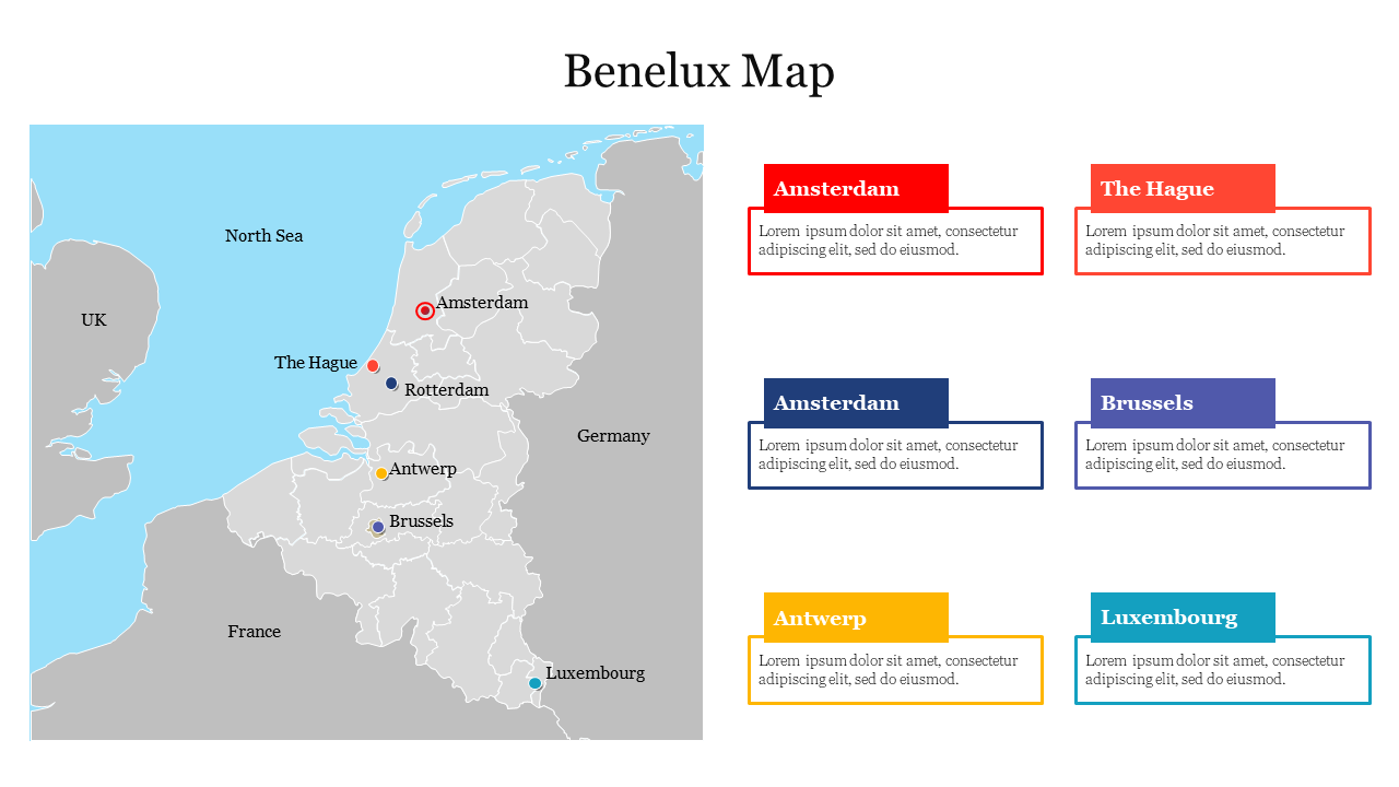 Map of the Benelux region highlighting six cities accompanied by descriptive text boxes.