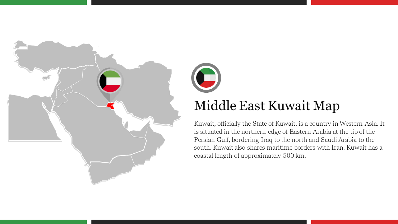 Gray map with Kuwait in red, flag icon in a circle, and descriptive text on the right, bordered by red and green stripes.