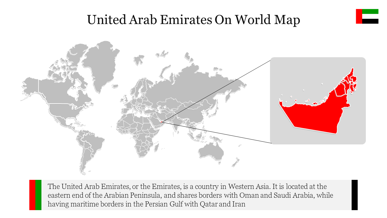 World map highlighting the United Arab Emirates in red with a zoomed-in view, brief description and the flag.