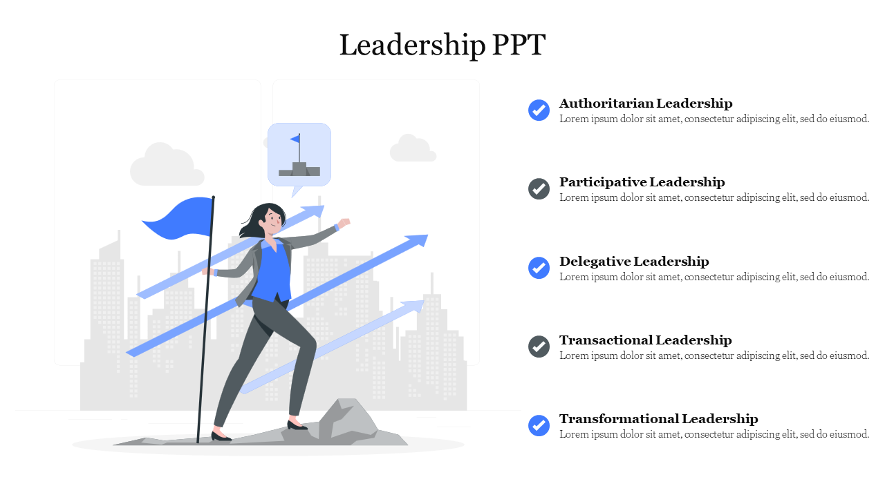 Slide displays different leadership styles from Authoritarian to Transformational leadership with placeholder text.