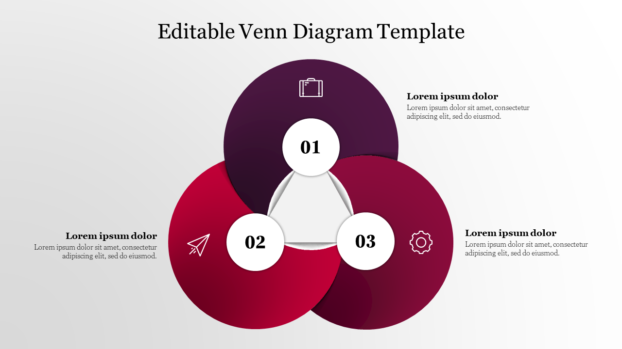 Three-part Venn diagram template in red shades, with icons for business, travel, and settings, and placeholder text.