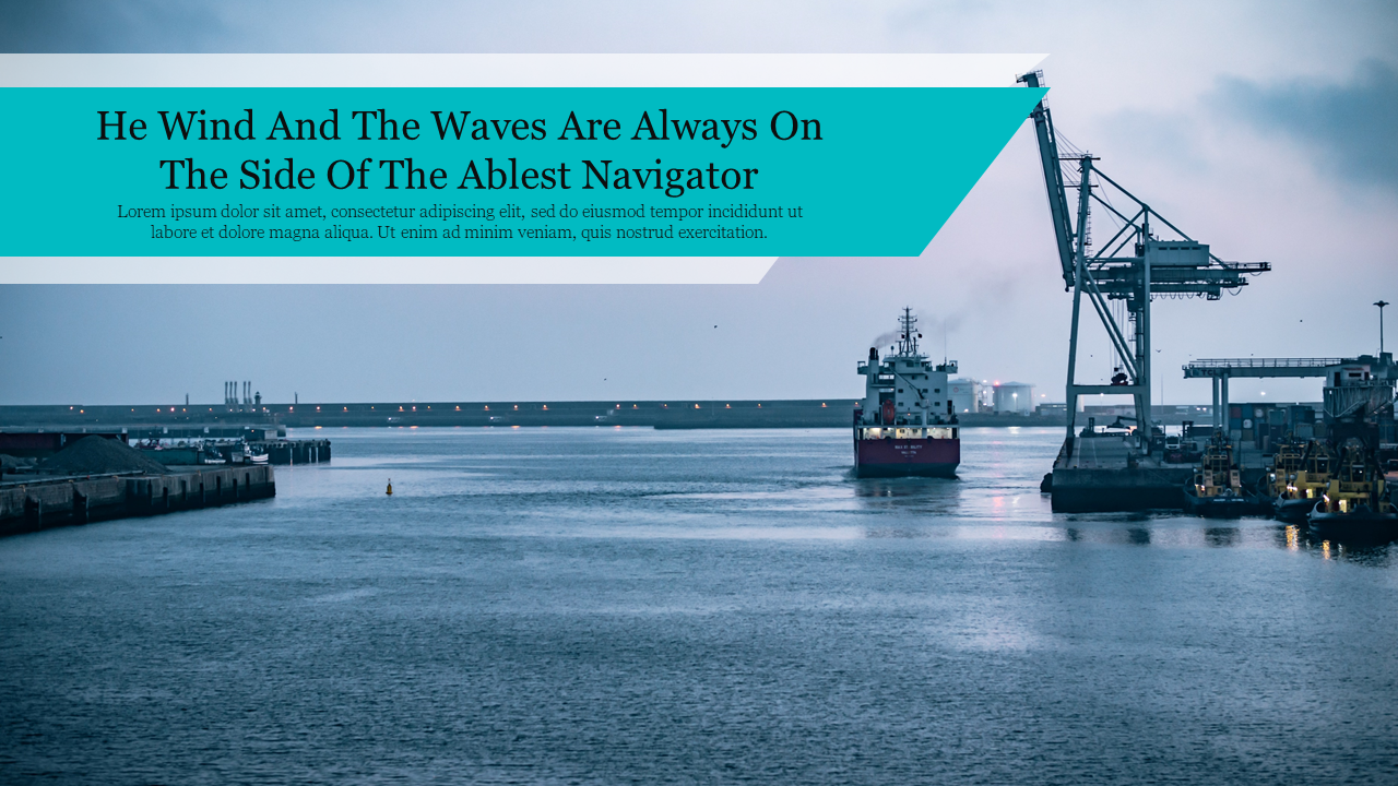 A cargo ship docking at a port with cranes in the background, with a teal text banner overlaying the top portion.