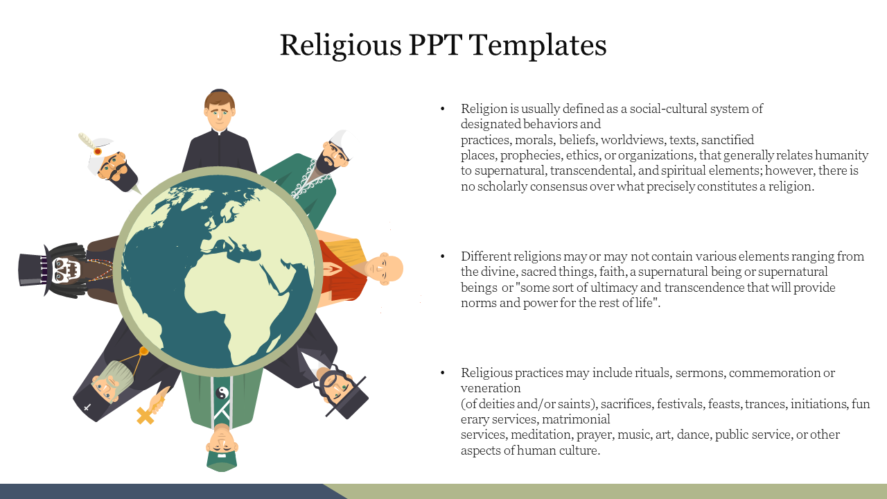 Illustration of a globe encircled by various religious characters, with text on the right explaining different beliefs.