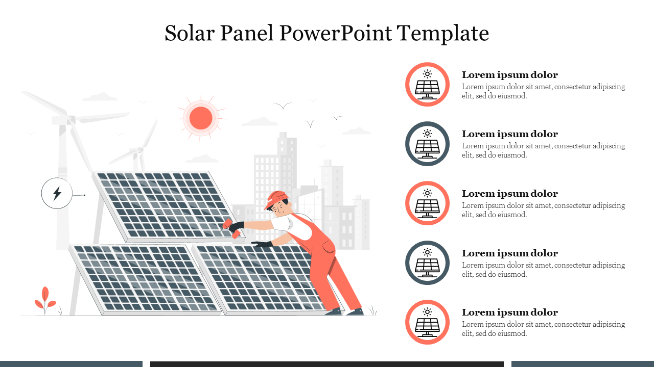 Slide showcasing a solar panel theme with a worker maintaining panels and solar icons for bullet points on the right.