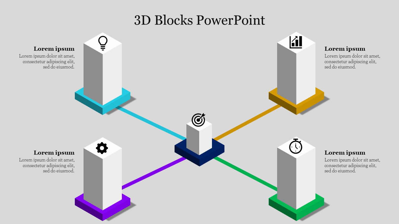 Five 3D blocks with icons, such as a target and clock, connected by colorful lines, showcasing a flow diagram.