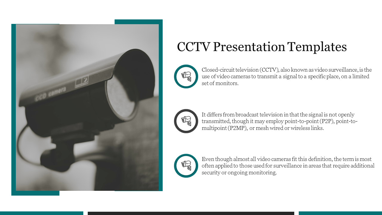 Grayscale CCTV camera on a teal framed box, with three circular icons and text about surveillance on the right.