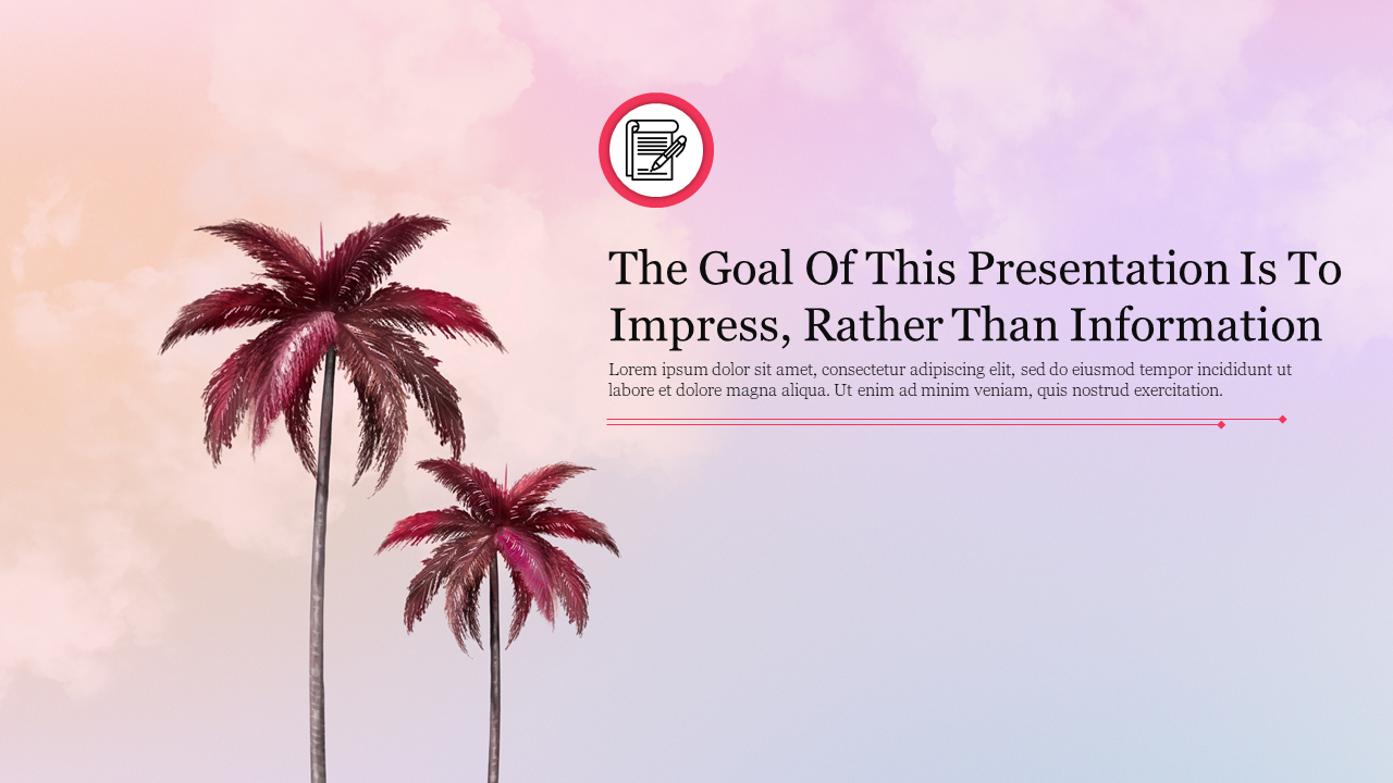 Aesthetic PPT slide beautiful pastel pink gradient background with palm trees, paired with a text about presentation goals.