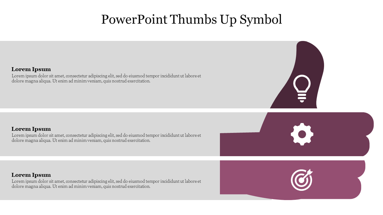 Slide featuring a thumbs up symbol, illustrating three key points related to positive feedback and success with icons.