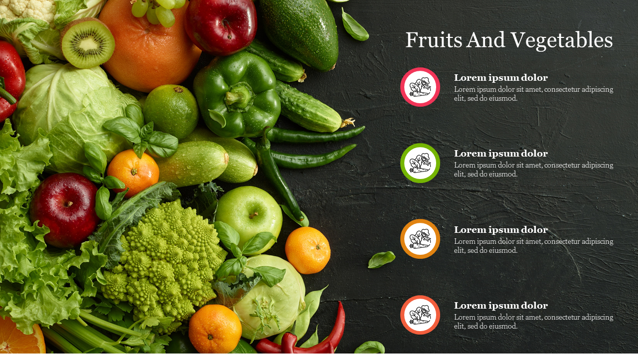 A vibrant mix of fruits and vegetables slide on a dark background with corresponding placeholder text with icons.