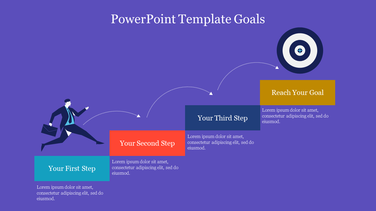 PowerPoint slide showing a step by step guide to achieving goals with a business professional and target imagery.