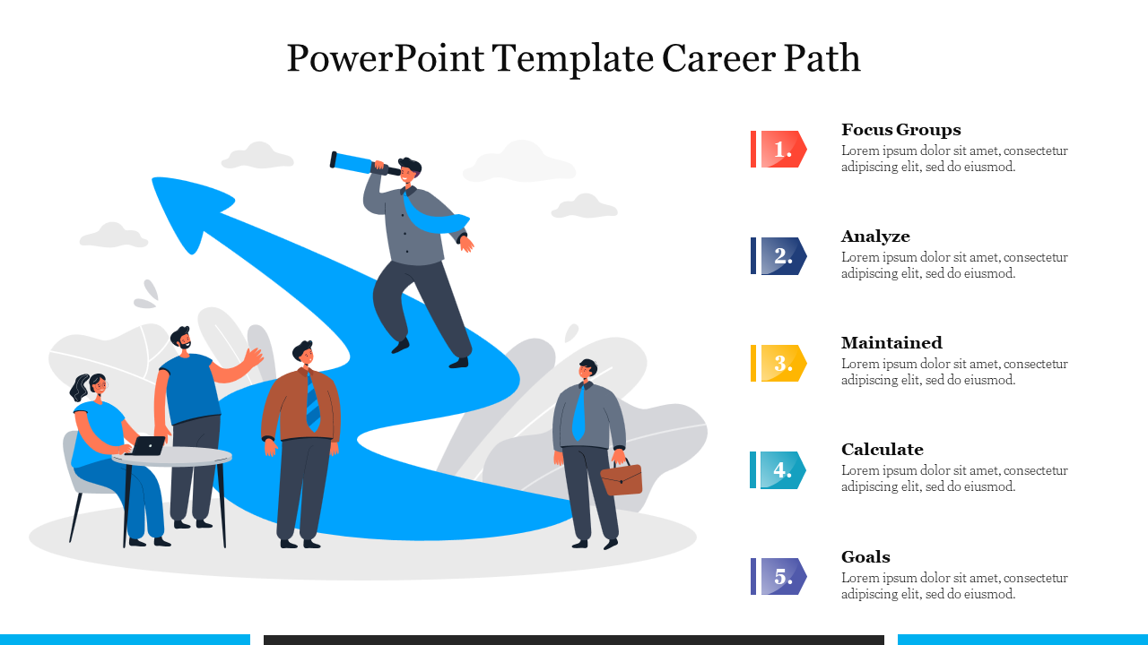 Illustration of people standing on a blue career path arrow, with five colorful numbered captions.