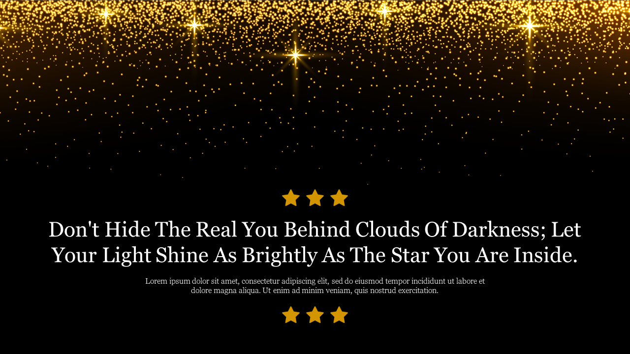 Black background with shimmering gold glitter falling from the top, accompanied by a motivational quote about shining bright.