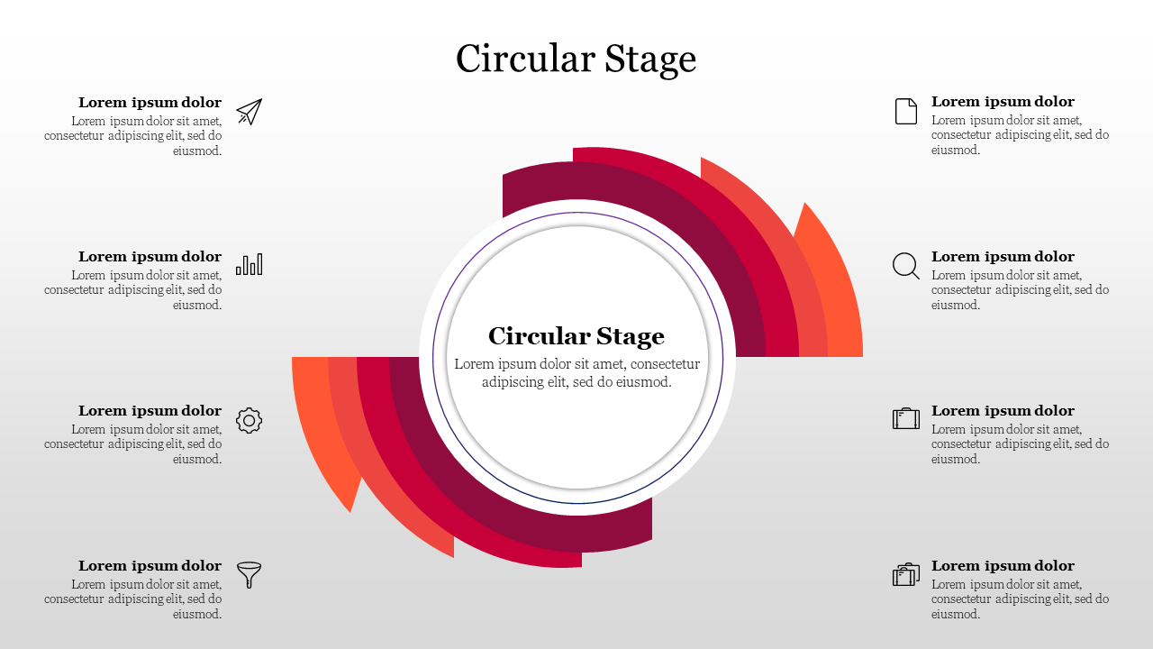 Circular stage diagram with colorful overlapping sections in red and orange, containing eight icons and captions.