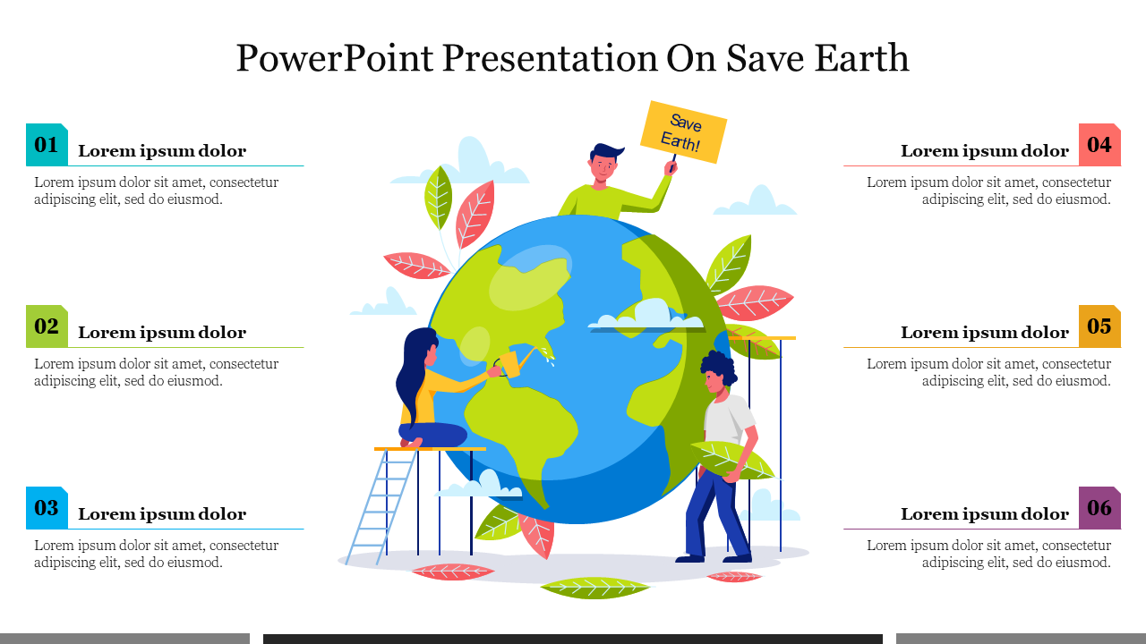 Colorful slide with save Earth theme, showing characters nurturing the planet, surrounded by numbered text sections.