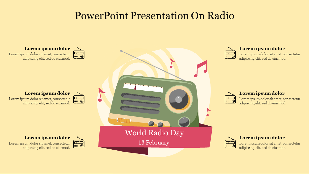 Retro green radio with music notes on yellow background, celebrating World Radio Day, 13 February with six captions around.