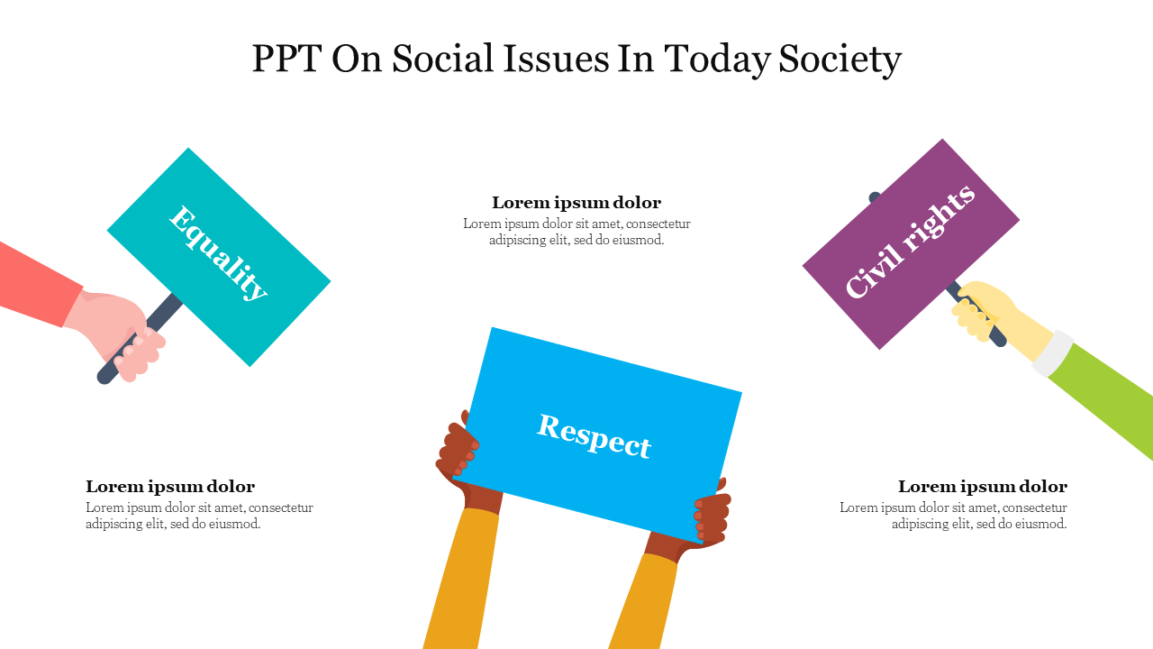 Social issues slide featuring hands holding signs for equality, respect, and civil rights, with placeholder text below each.