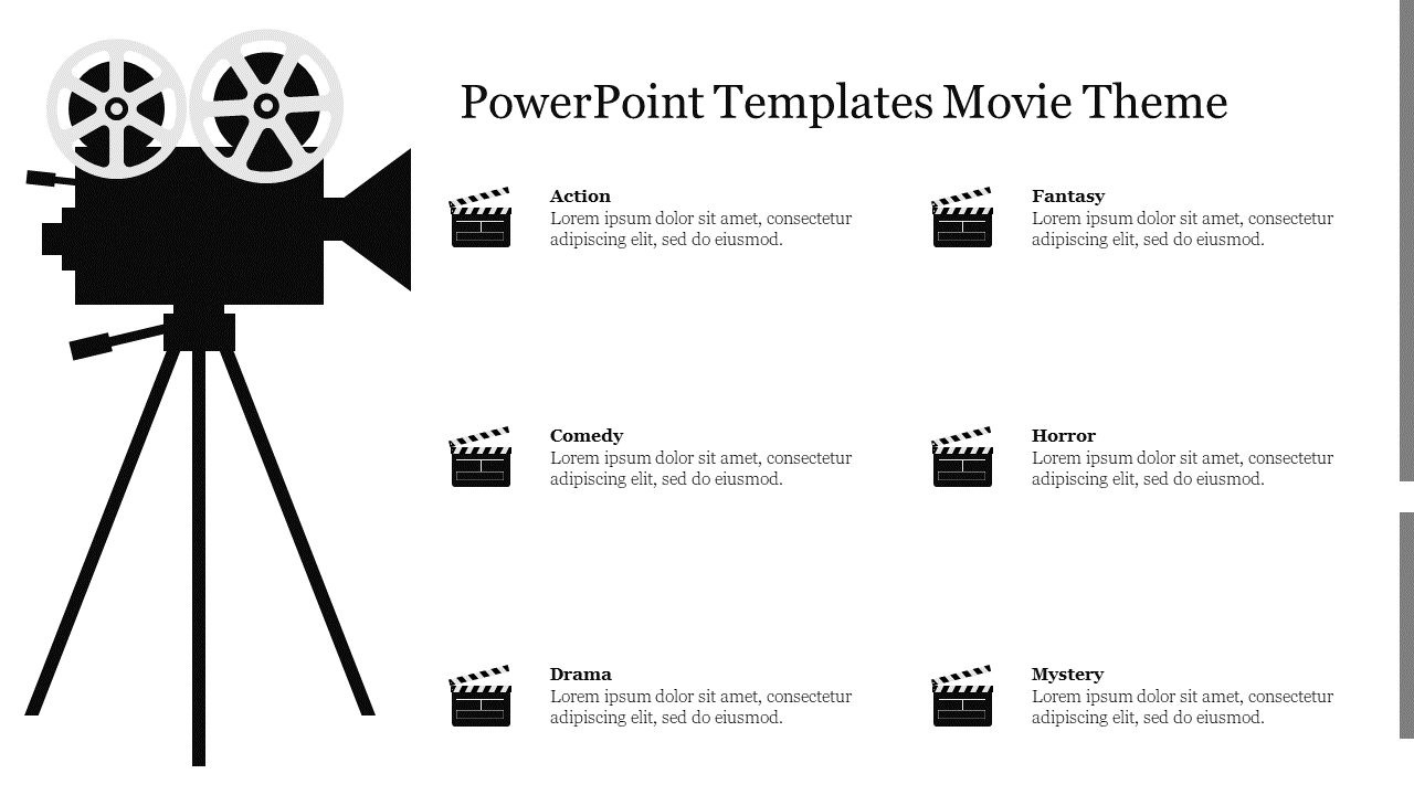 Silhouette of a vintage camera on a tripod with six movie genres listed alongside with clapperboard icons.