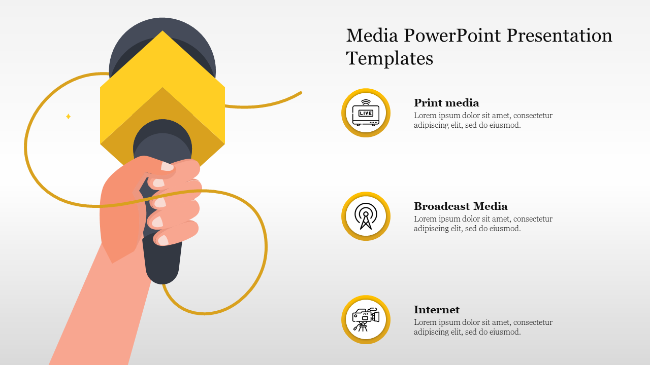 PowerPoint slide showcasing three media types Print Media, Broadcast Media, and Internet, with corresponding icons for each.