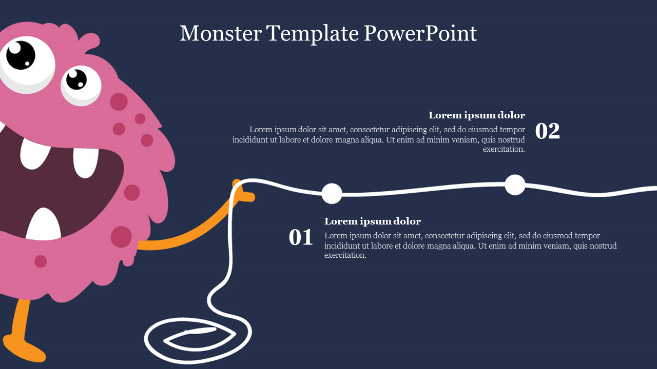 Illustration of a pink monster on a dark blue background, holding a wavy white line connecting two text areas.