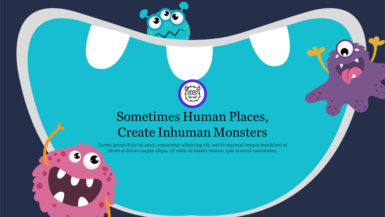 Three colorful cartoon monsters peeking from the sides of a teal mouth background, and a text block in the middle.