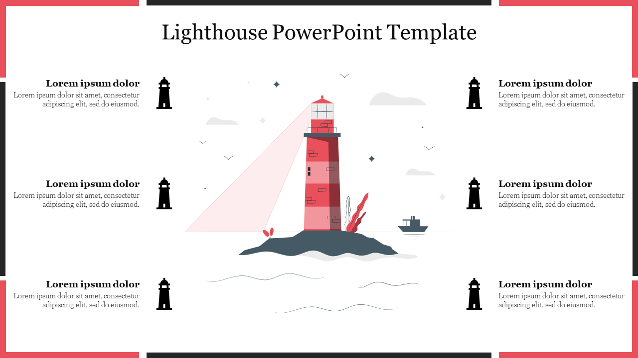 A red and white lighthouse on an island with light beams, surrounded by six text areas on the sides.