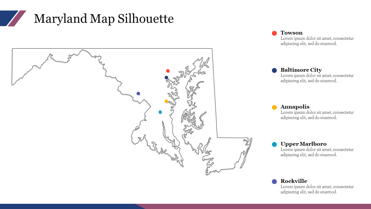 A Maryland map silhouette with labeled locations such as Towson, Baltimore City, and Annapolis on a white backdrop.