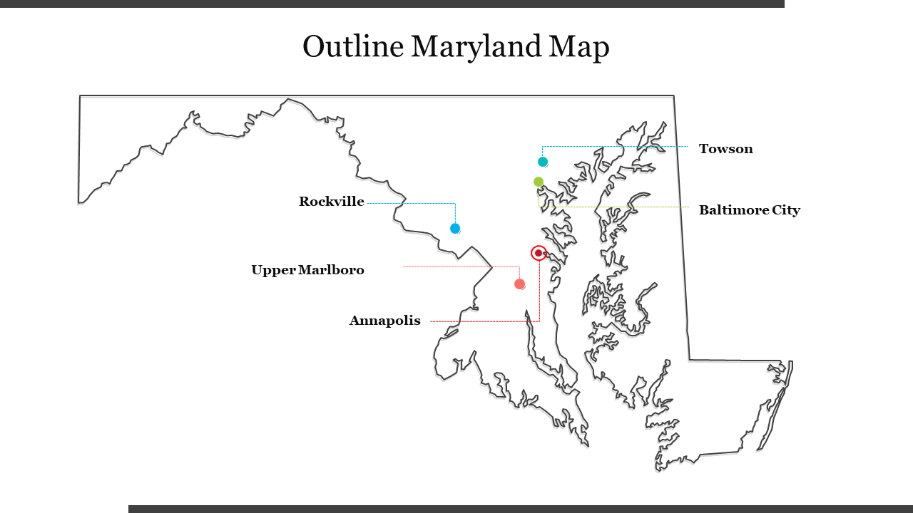 Outline map of maryland highlighting key cities rockville, upper marlboro, annapolis, towson, and baltimore city.