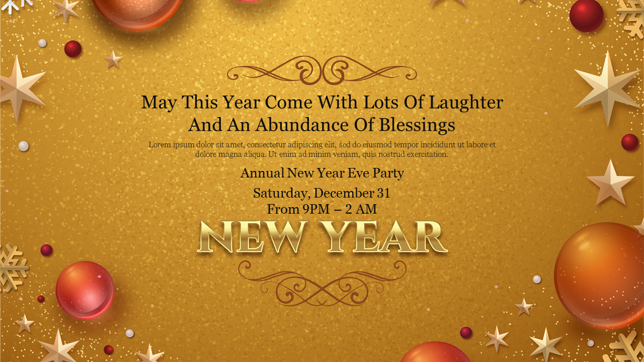 New year greeting party invitation with a sparkling gold background and festive decorations.