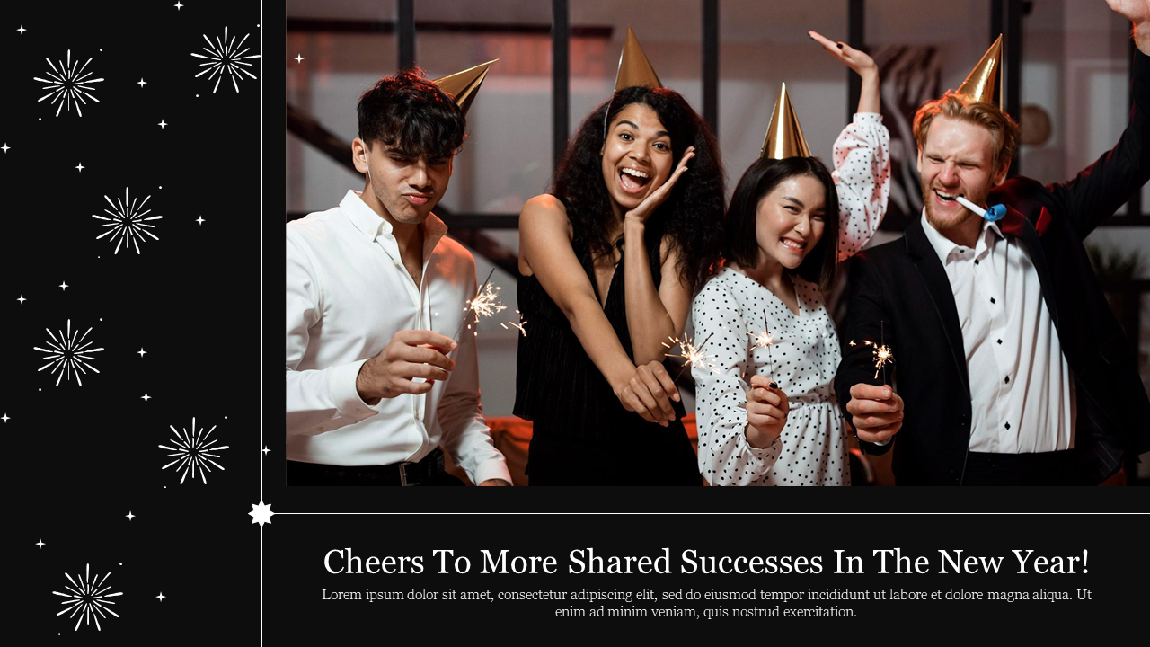 A festive PowerPoint slide with a group of people celebrating the New Year, holding sparklers and wearing party hats.