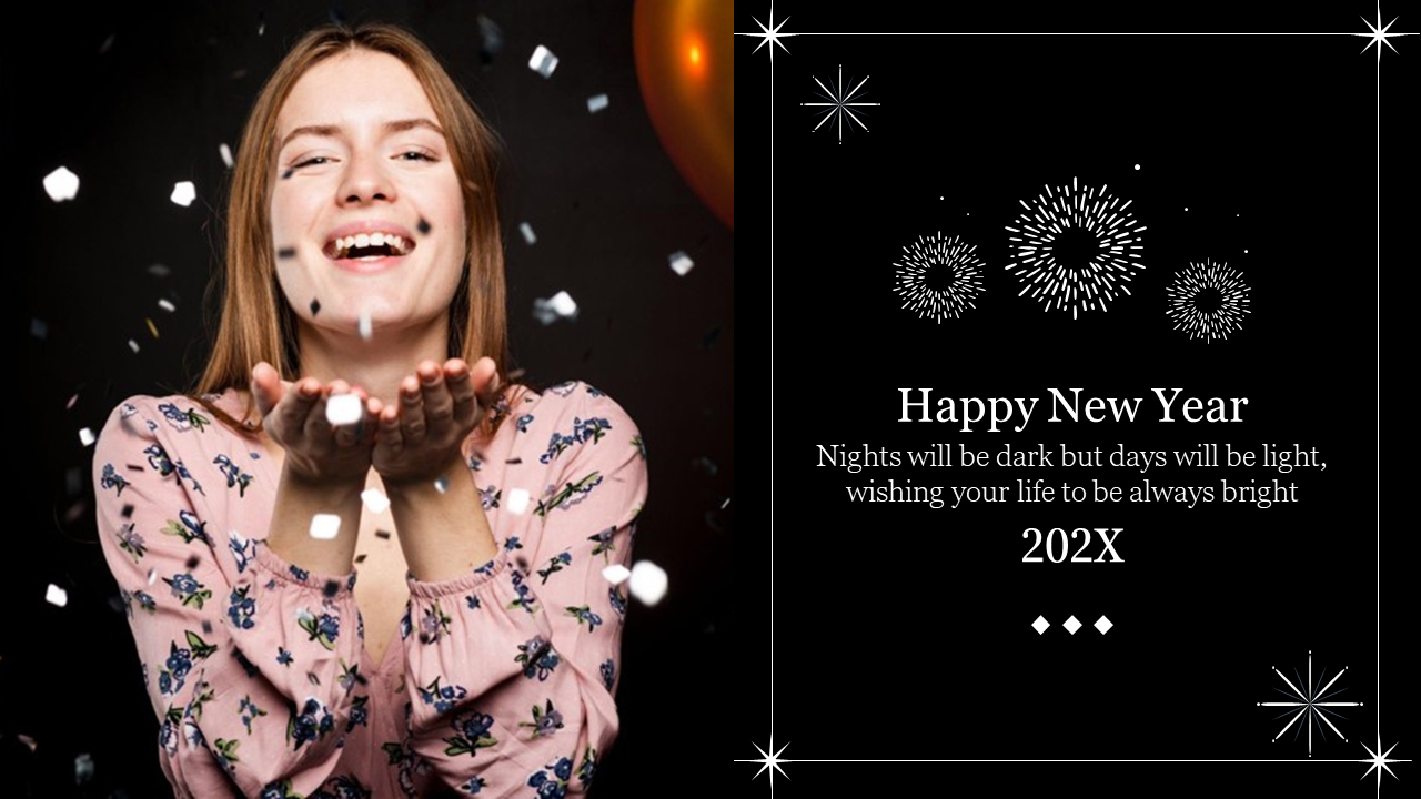 New Year slide with fireworks and a smiling woman celebrating with confetti and text, on a dark backdrop.