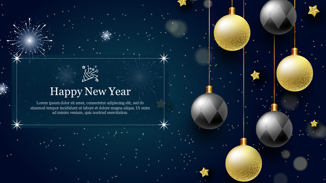 New Year greeting design featuring a dark blue background with golden and silver hanging ornaments, stars, and fireworks.