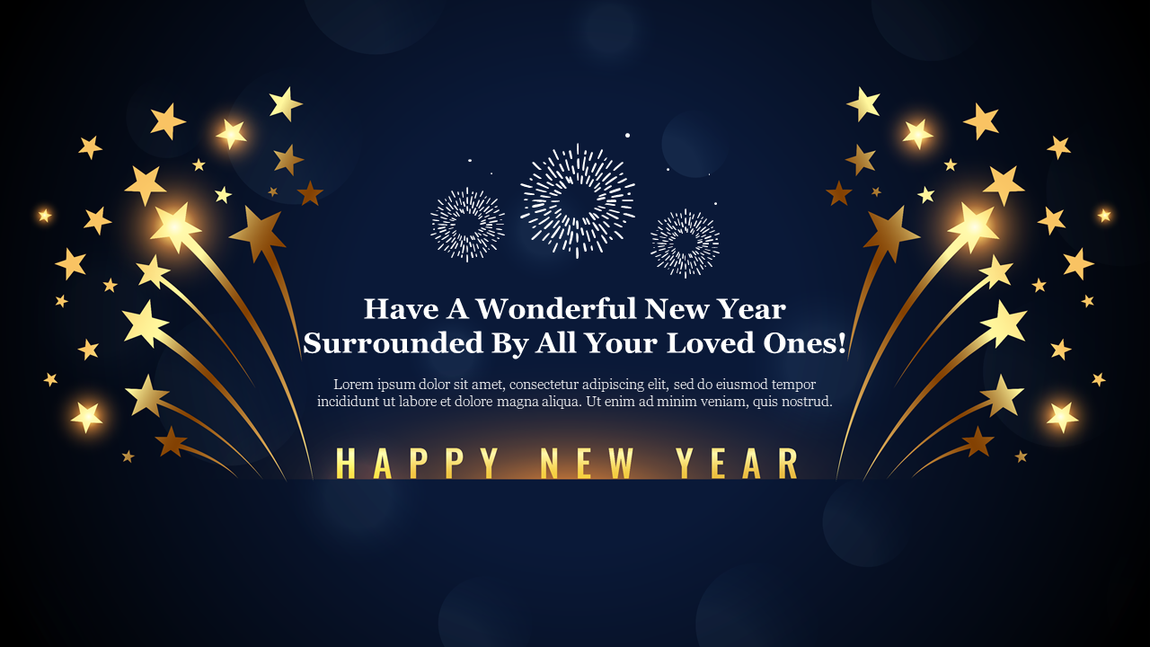 New year greeting template with gold stars, fireworks, and a message surrounded by starburst elements.