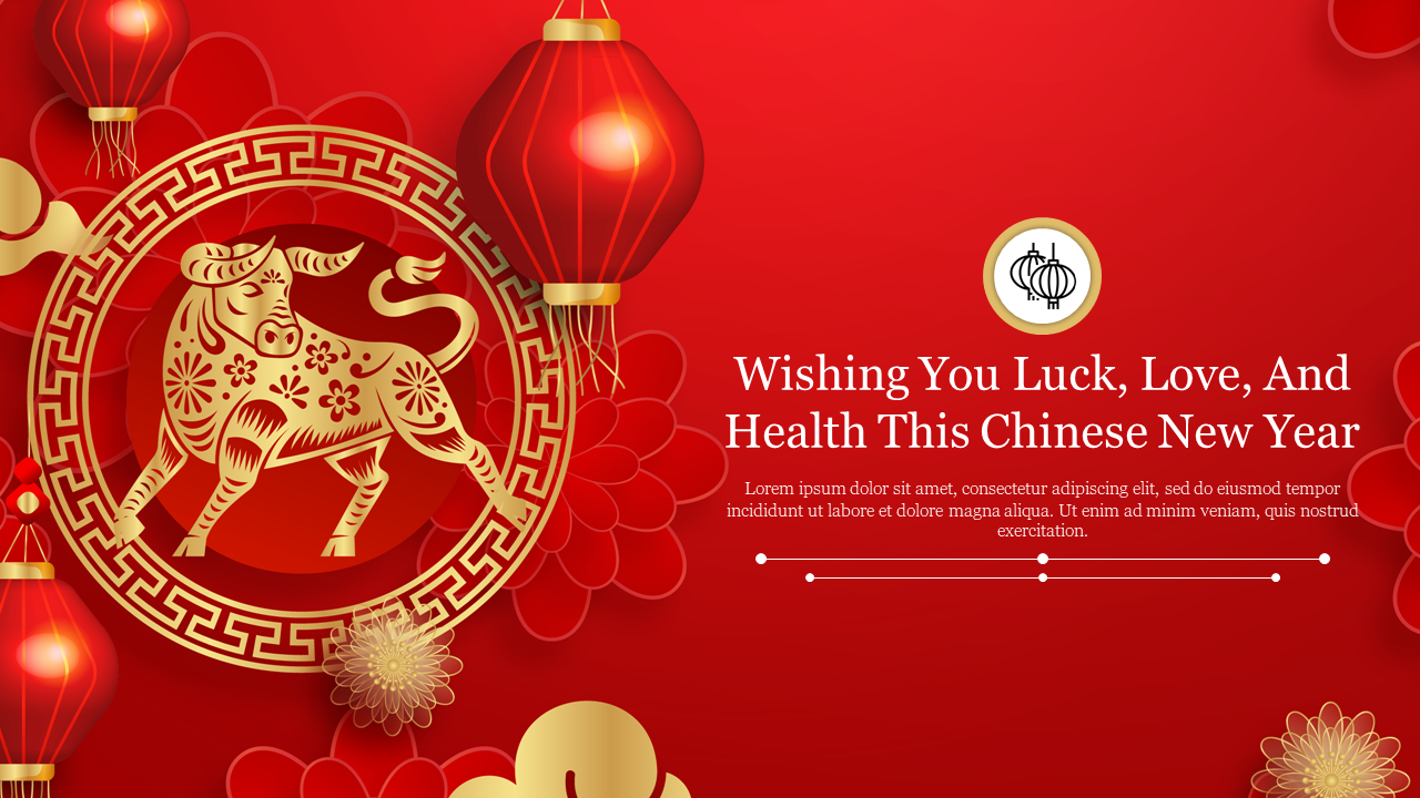 Red and gold Lunar New Year themed PowerPoint slide featuring a decorated bull and Chinese lanterns.