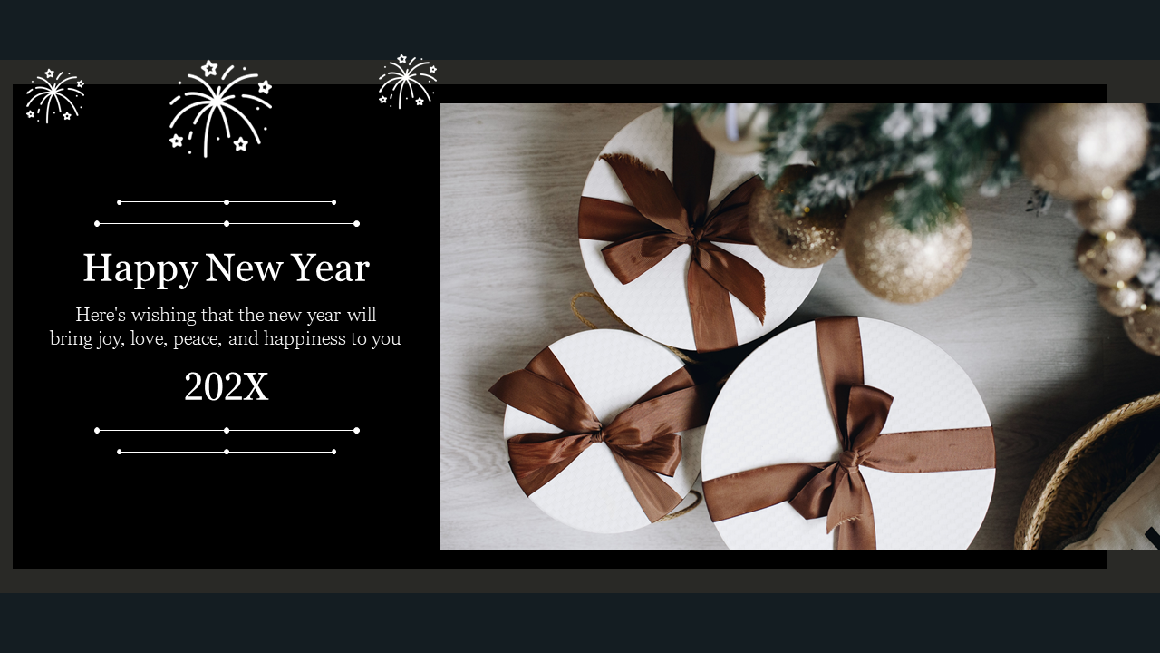 New Year slide with fireworks icons and festive text, featuring a photo of gift boxes with brown ribbons and decorations.