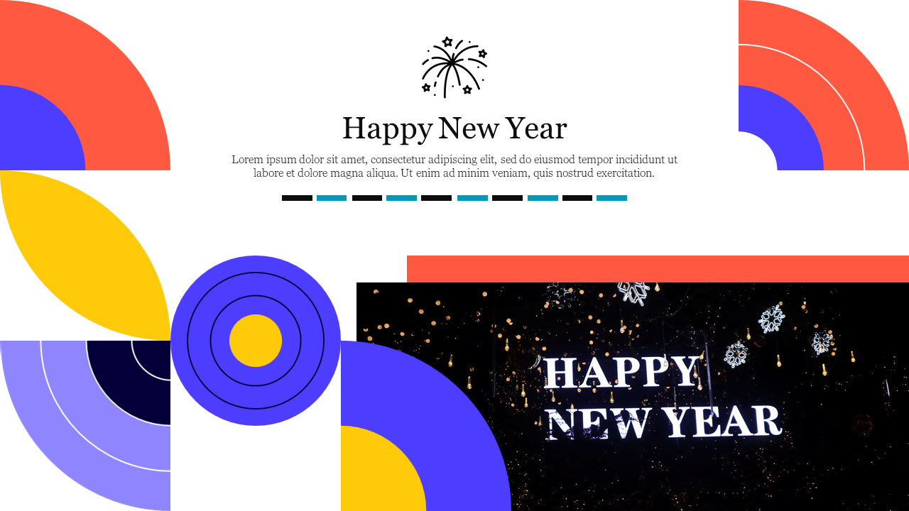 A celebratory happy new year slide featuring bold colors and a fireworks graphic with placeholder text.