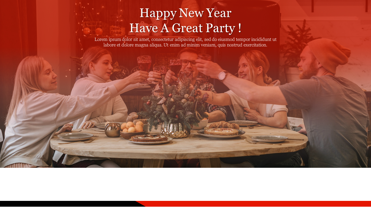 New Year slide featuring a group of people celebrating with drinks, set against a red background with a celebratory message.