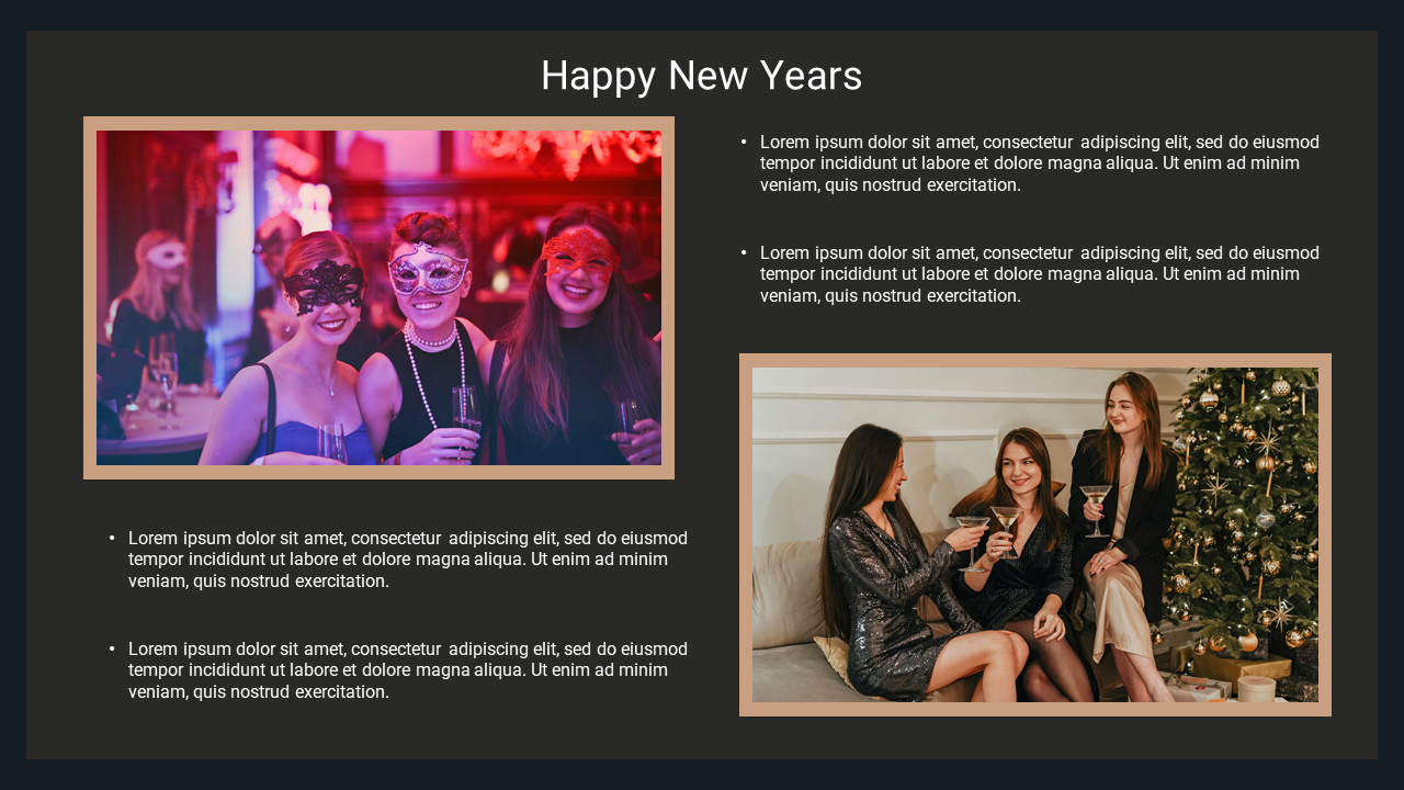 A New Year's slide with images of friends in party masks celebrating and others enjoying drinks by a Christmas tree.