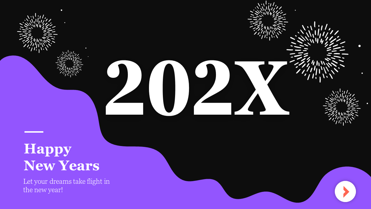 New Year design with bold 202X on a black background, accented by fireworks and purple waves with a message below.