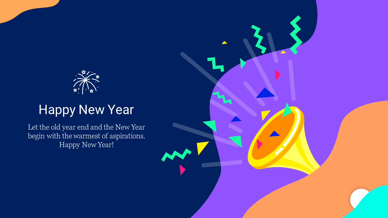 Festive new year slide featuring a trumpet illustration and confetti shapes on a purple and orange backdrop, with a message.