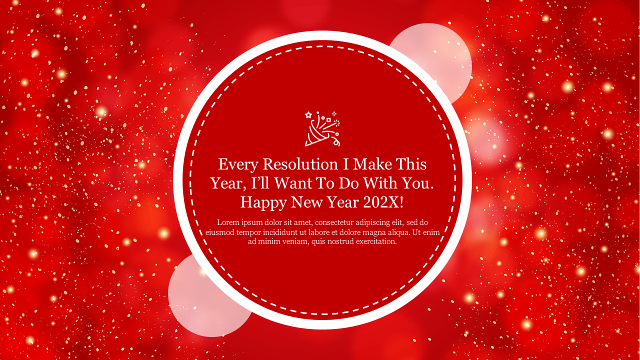 Bright red background with golden dots, showcasing a circular frame with a New Year message and fireworks icon.