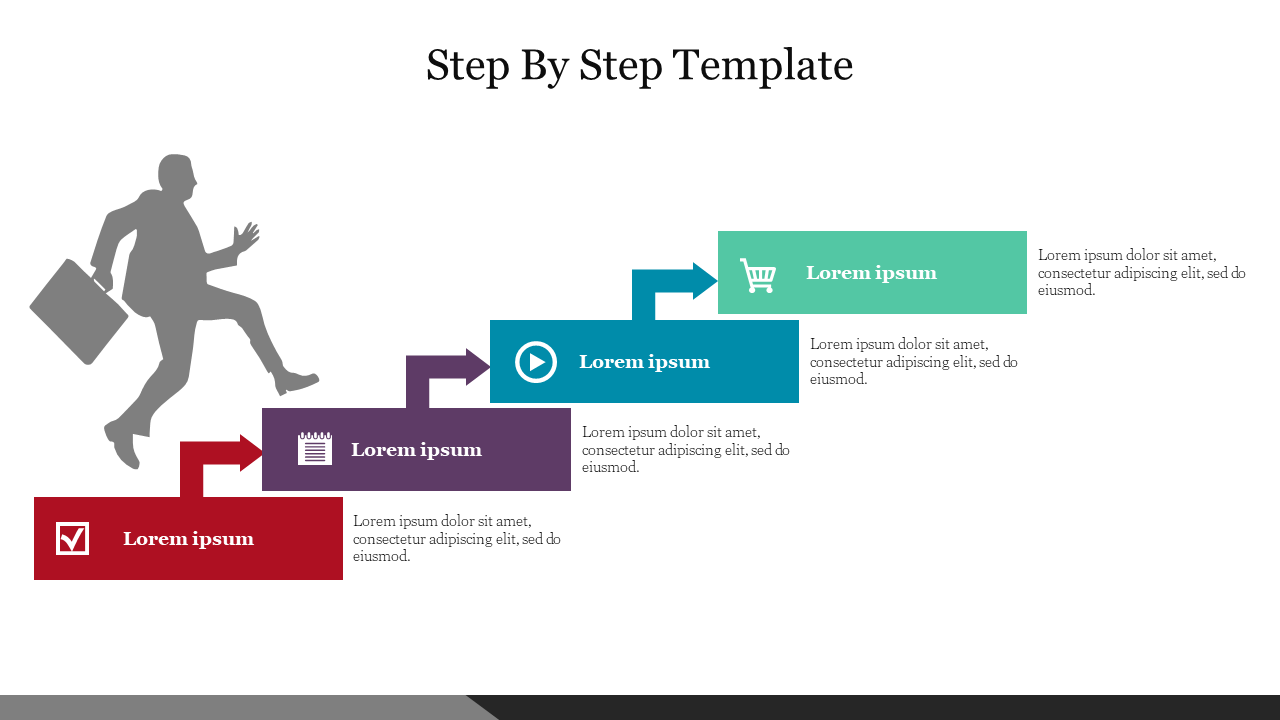 Step by step template featuring colorful steps with icons and a silhouette of a person climbing the steps.