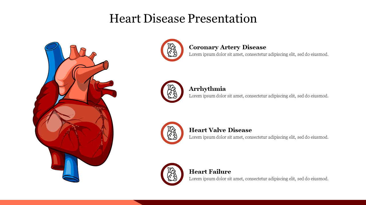 Slide detailing heart disease types, with an anatomical heart and four conditions with placeholder text.